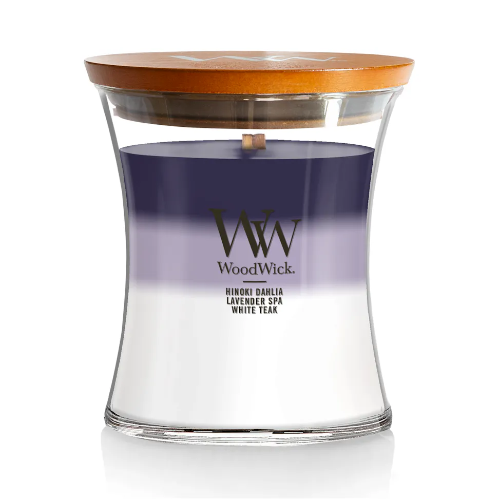 woodwick medium hourglass trilogy candle with hinoki dahlia lavender spa and white teak