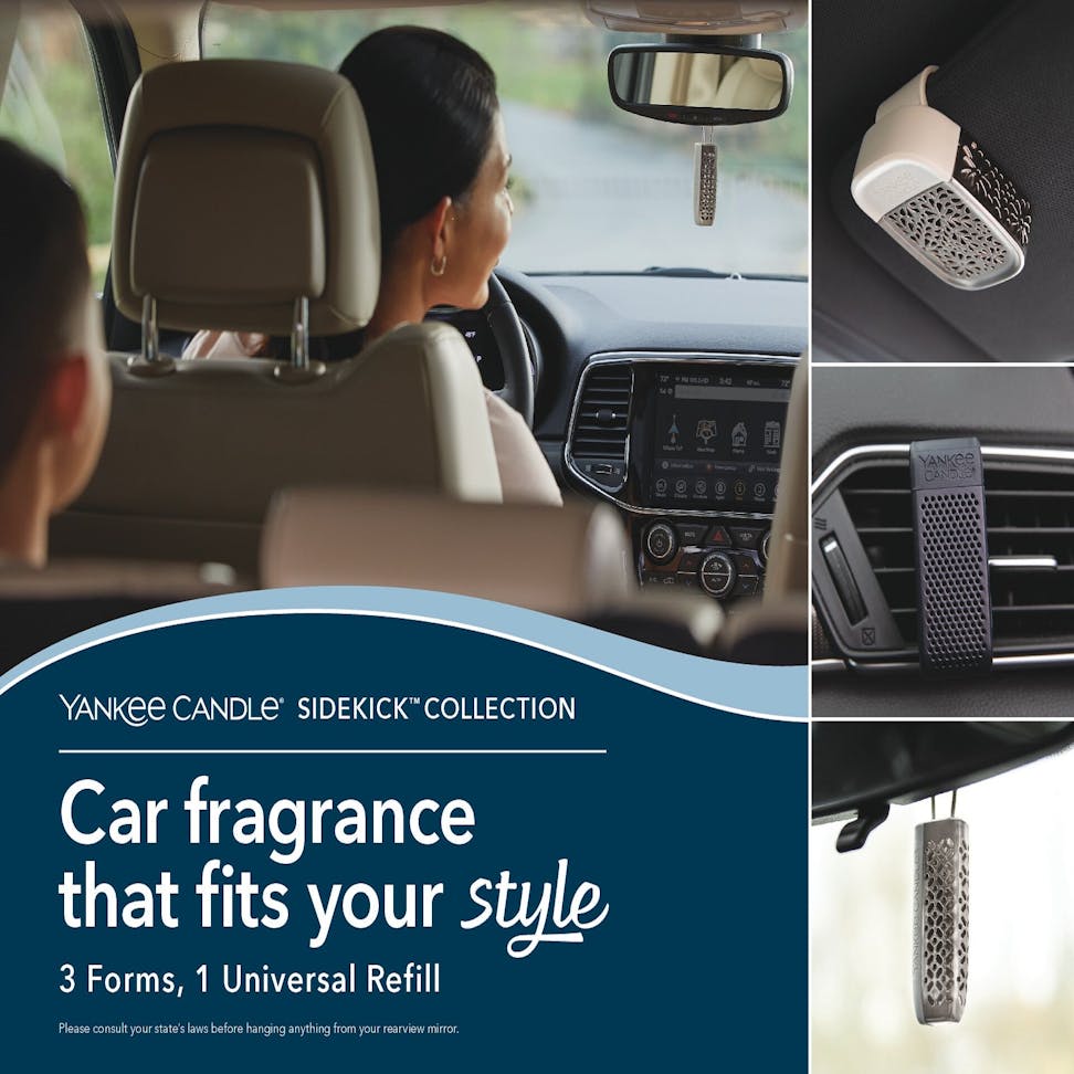 yankee candle sidekick collection car fragrance that fits your style, three forms and one universal refill language on a photo of a woman driving a car with a child in the back seat and photos of the products for the car such as the Sidekick Visor Clip, Sidekick Pendant, and Sidekick Vent Clip