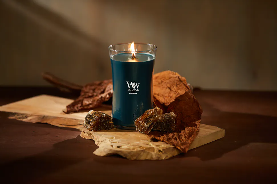 WoodWick Enchanted Destinations Collection Antiquarium Large Hourglass Candle on a table
