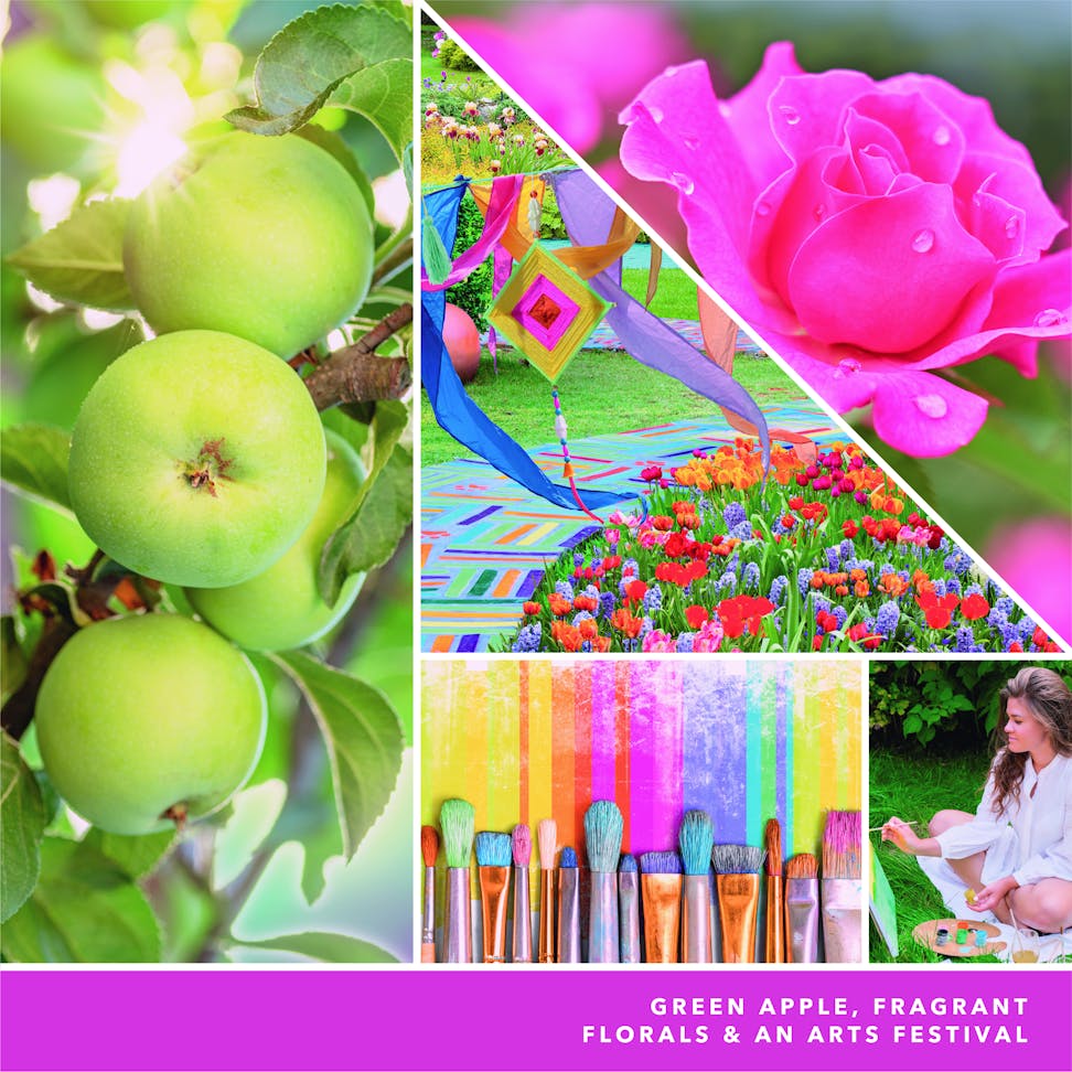 photo collage with text reading green apple, fragrant florals, and an arts festival