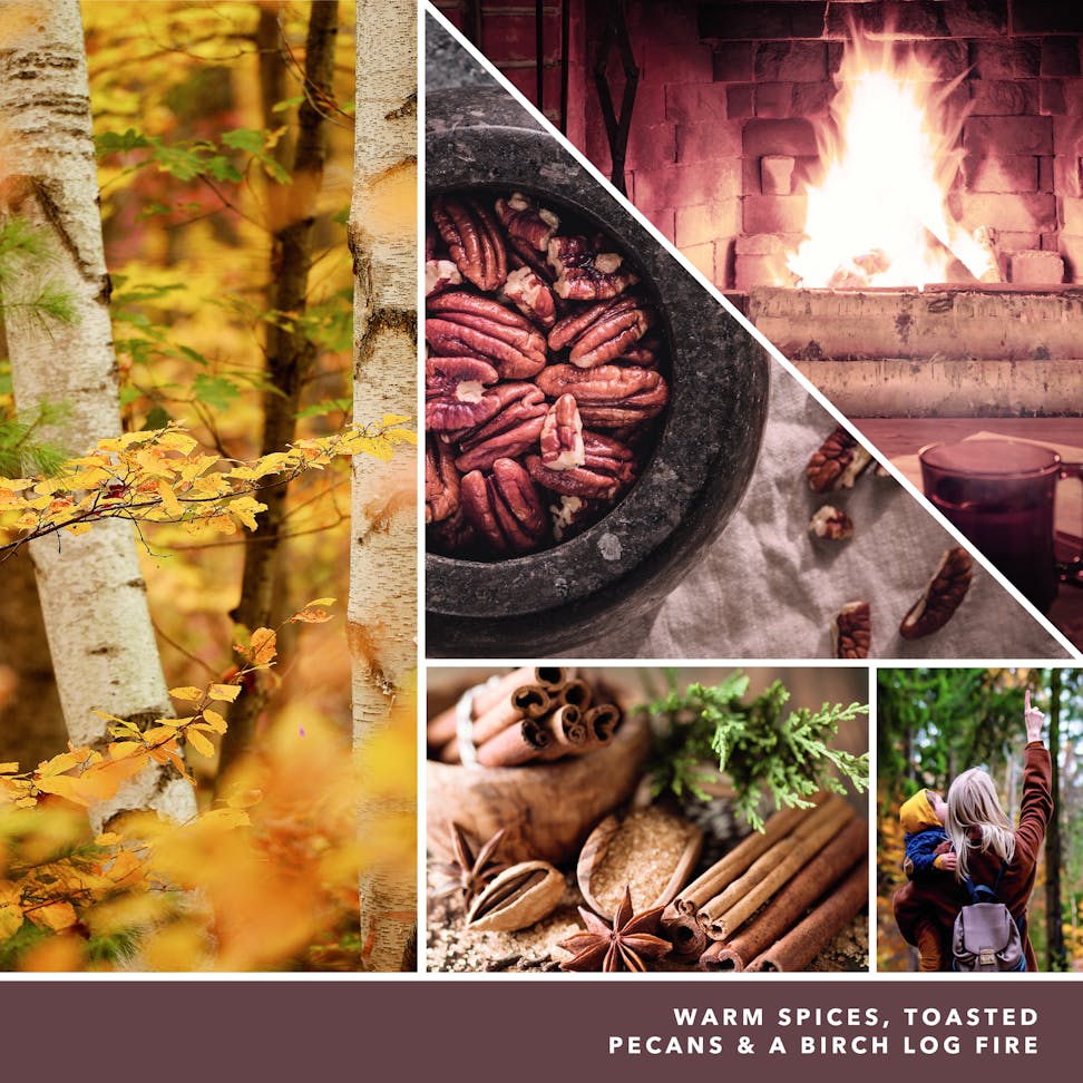 warm spices, toasted pecans and a birch log fire text on photo collage with trees and family
