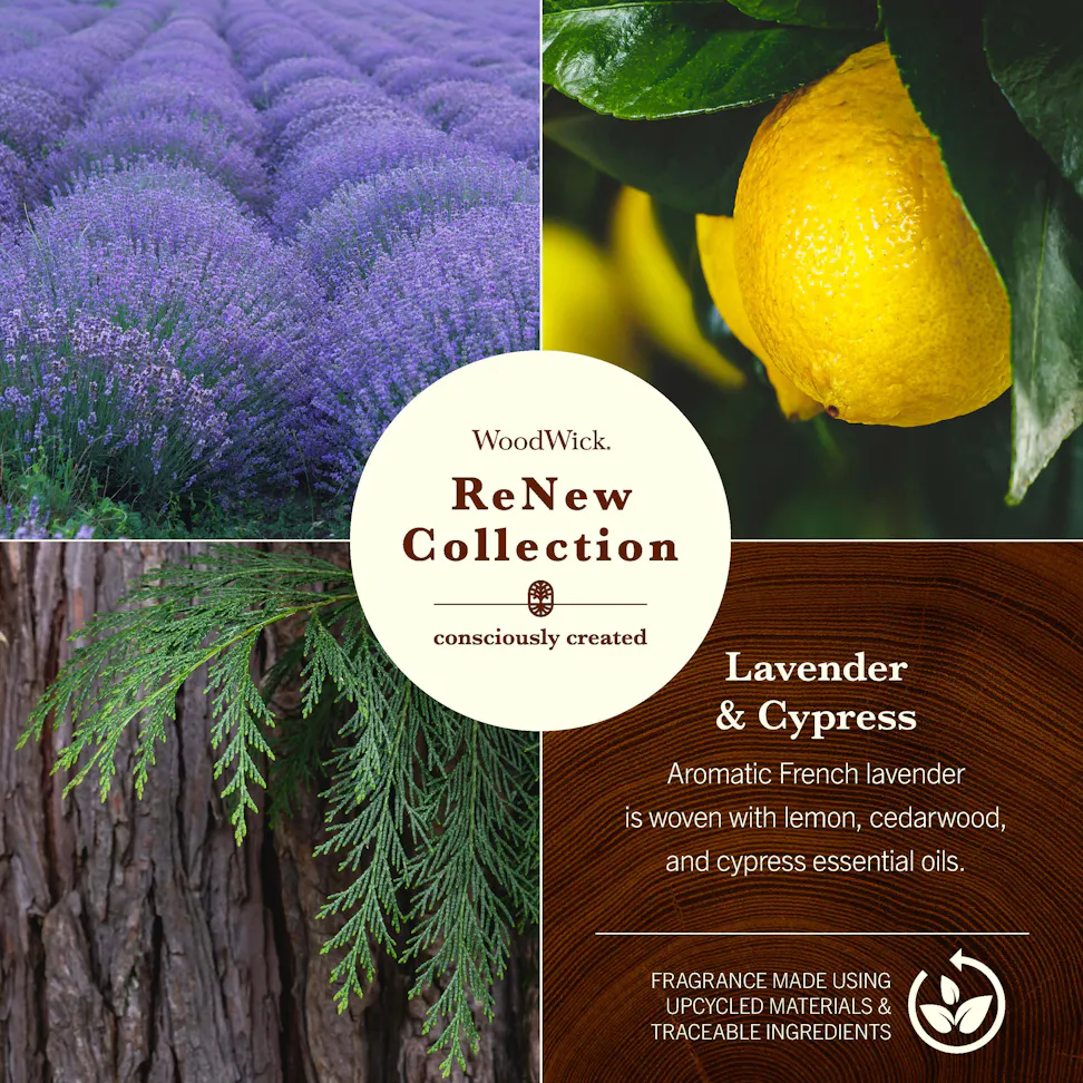photo collage of woodwick renew collection lavender and cypress