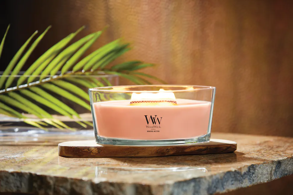 manuka nectar ellipse candle on wood slab on stone table with plant
