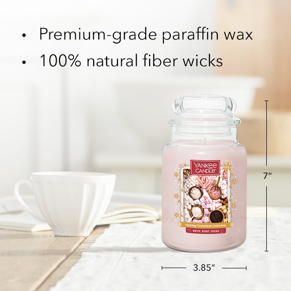 movie night cocoa original large jar candle with product information