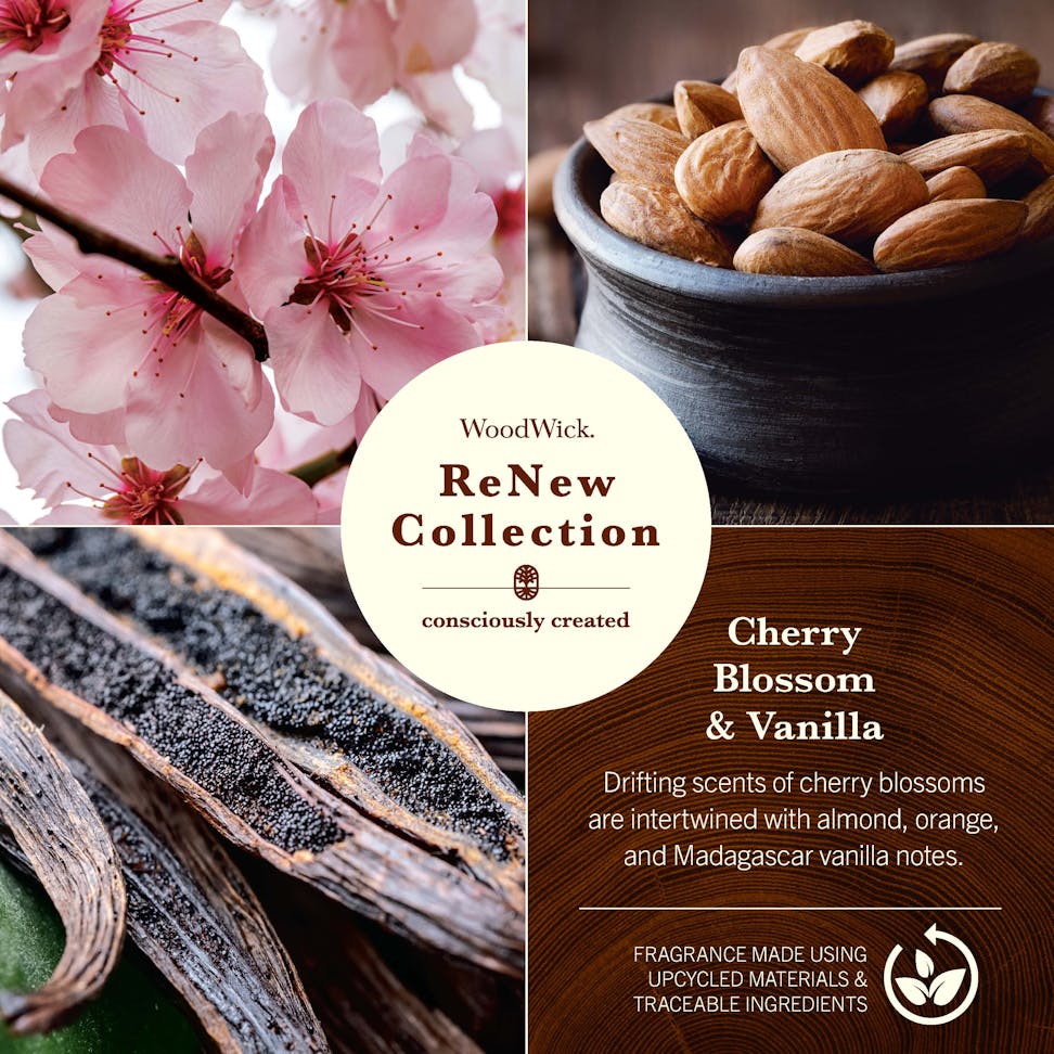 photo collage of woodwick renew collection cherry blossom and vanilla
