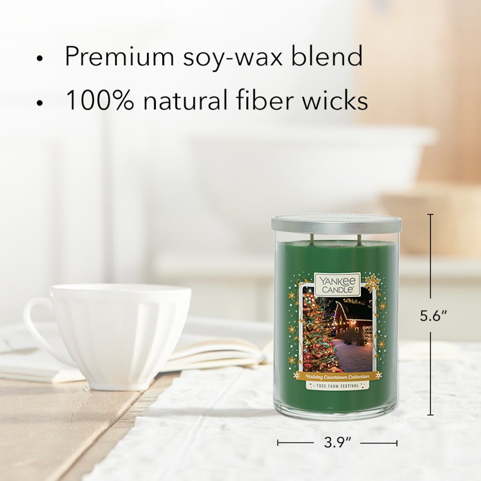 tree farm festival large two-wick tumbler candle with product information