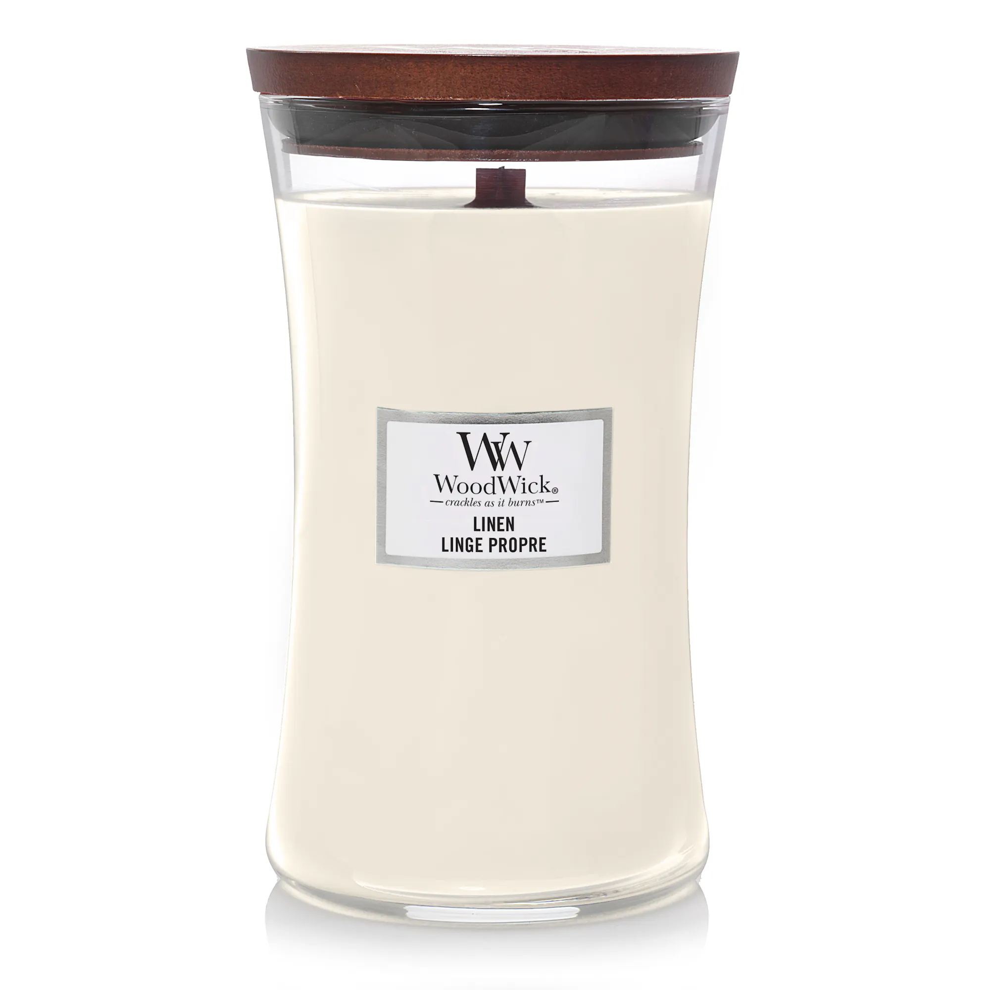 Linen Candle Large Hourglass Candle WoodWick, White, 10.2cm x 10.2cm x 17.8cm | Fresh & Clean