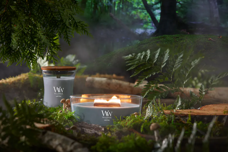 WoodWick Vapour Trails Collection Terra Haze Ellipse Candle and Terra Haze Large Hourglass Candle in a forest setting surrounded by trees, leaves, and mushrooms