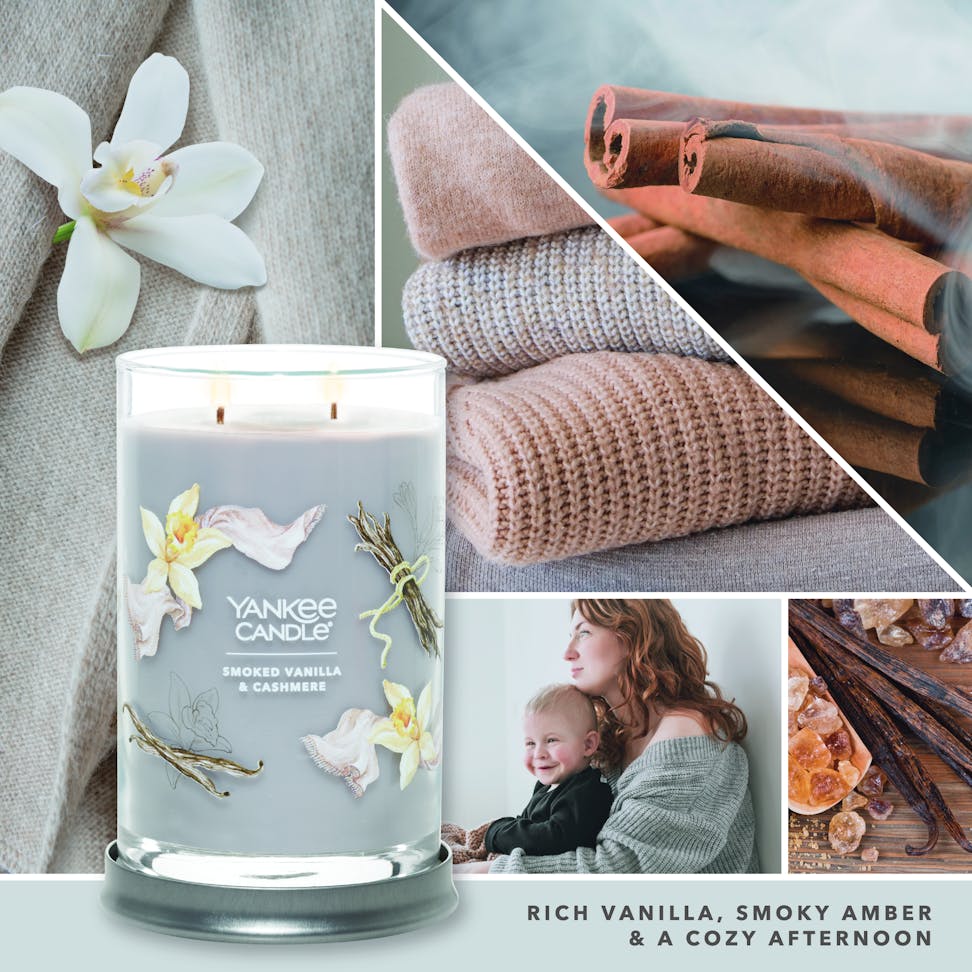 smoked vanilla and cashmere signature large tumbler candle with photo collage and text reading rich vanilla, smoky amber and a cozy afternoon