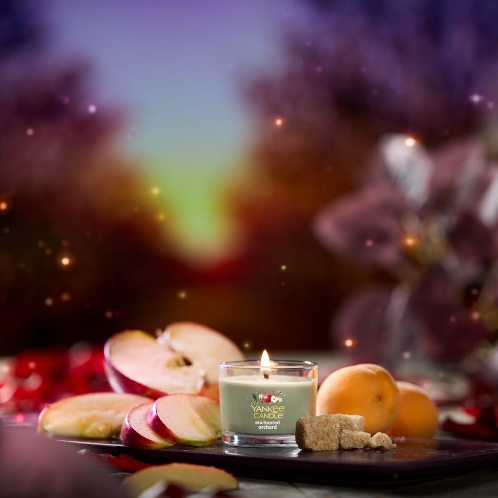 Scented candle with fresh apple and apricot, glowing flame, sugar cubes, cozy home decor, relaxing ambiance