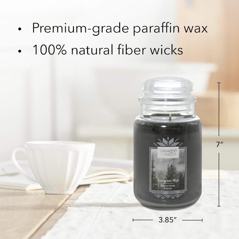 evergreen mist original large jar candle with product information