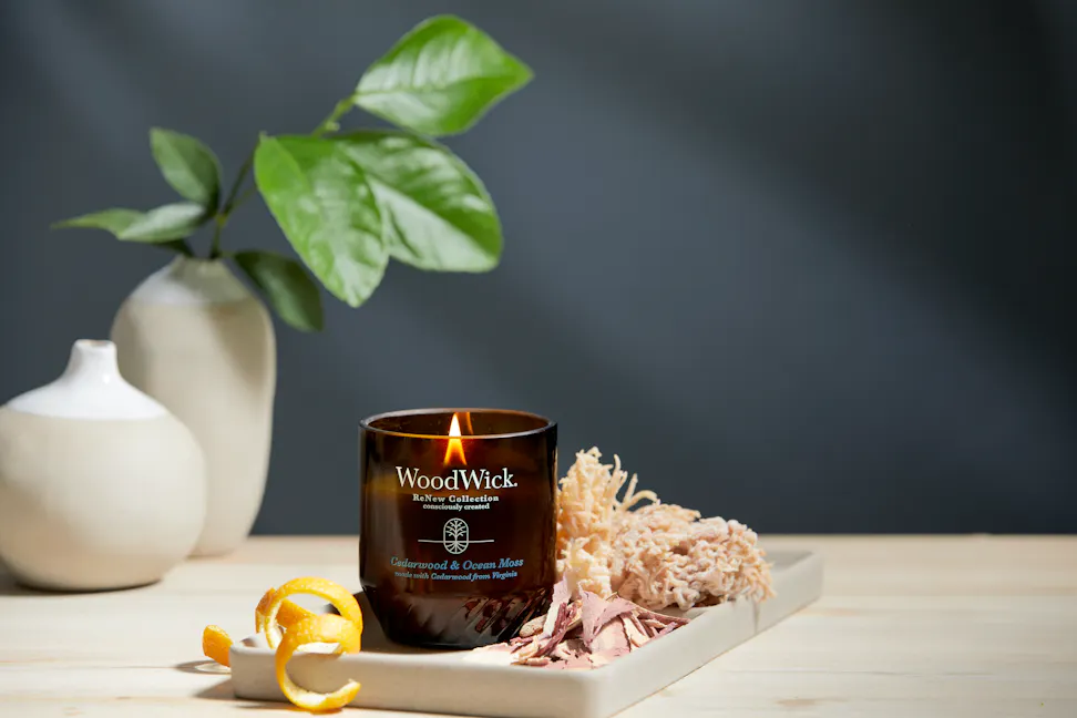 WoodWick ReNew Collection Cedarwood & Ocean Moss Medium Candle on a table