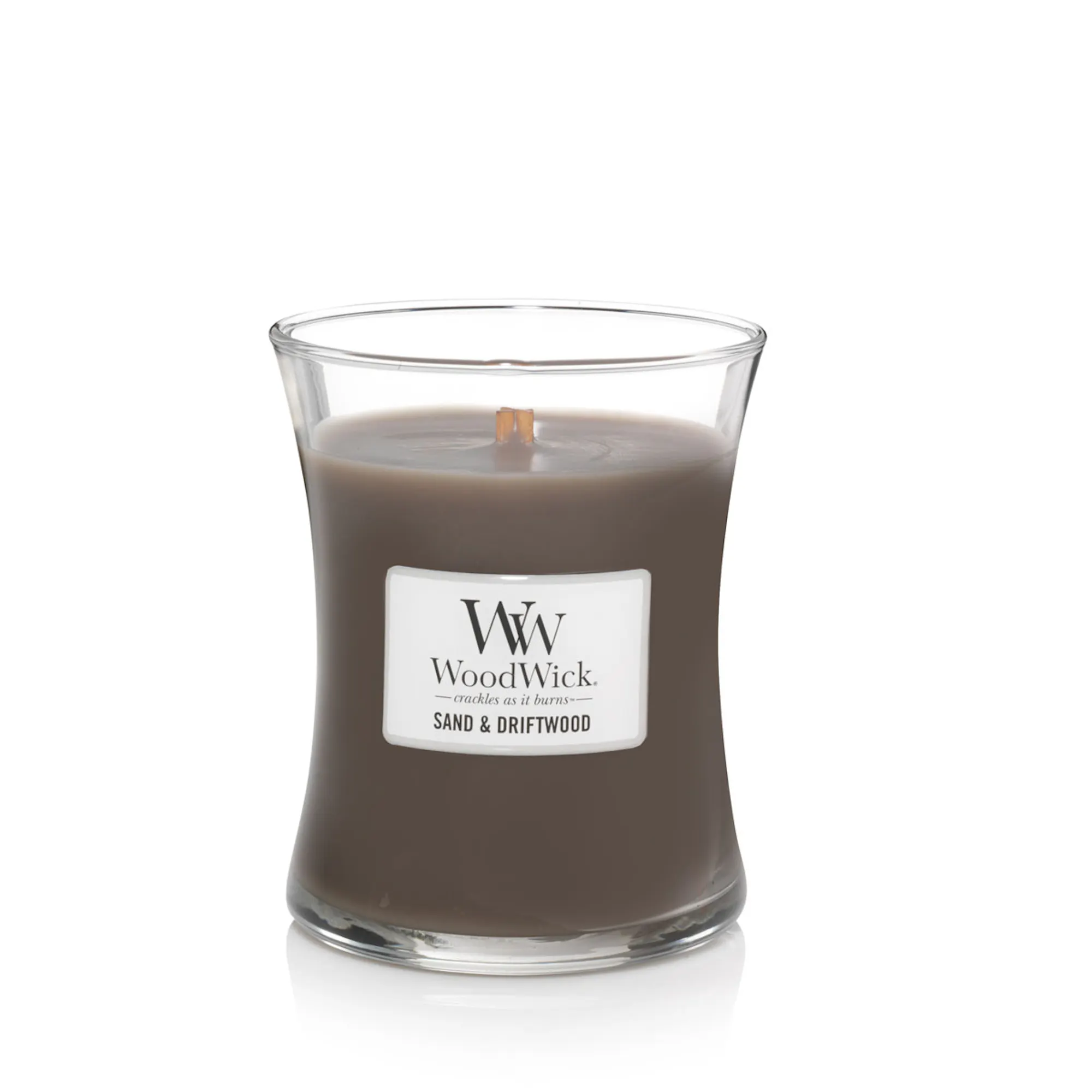 Sand & Driftwood Mittelgroße Kerzen WoodWick, Brown | Holzig Size 9.9cm x 9.9cm x 11.4cm