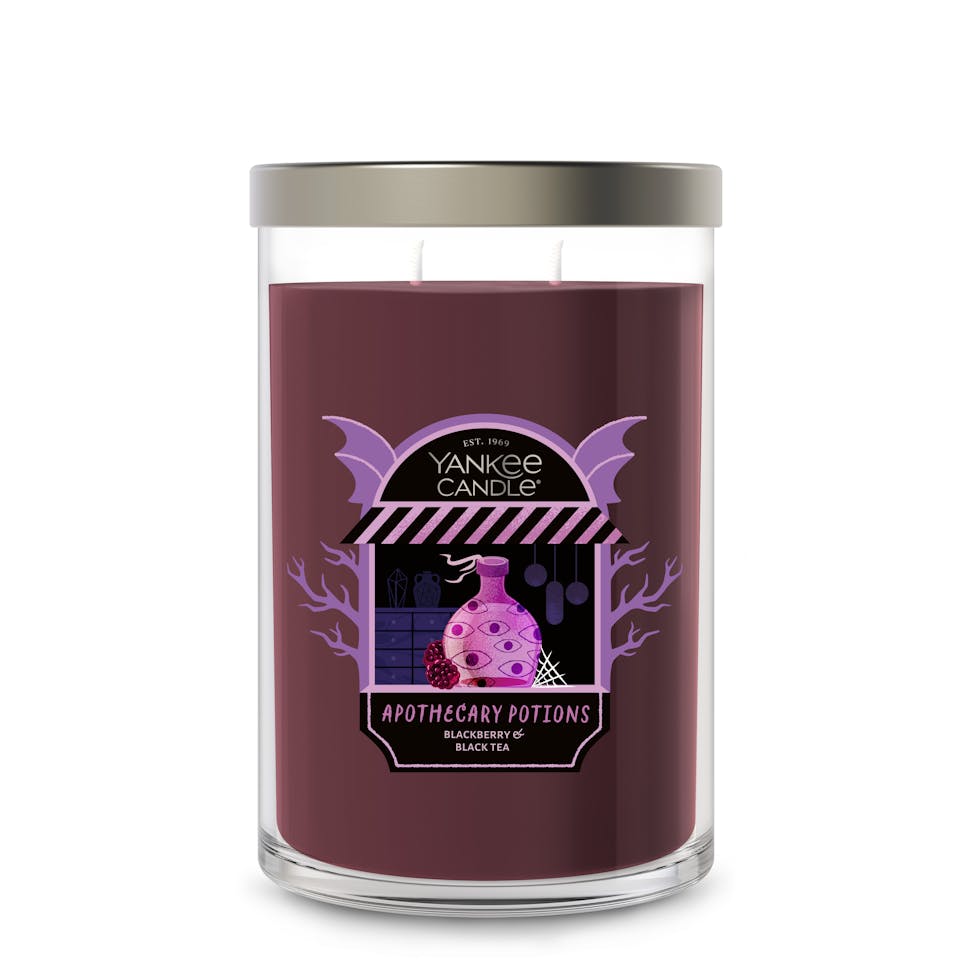 Large purple soy wax candle in glass jar with apothecary potions label, double wick, home decor accessory