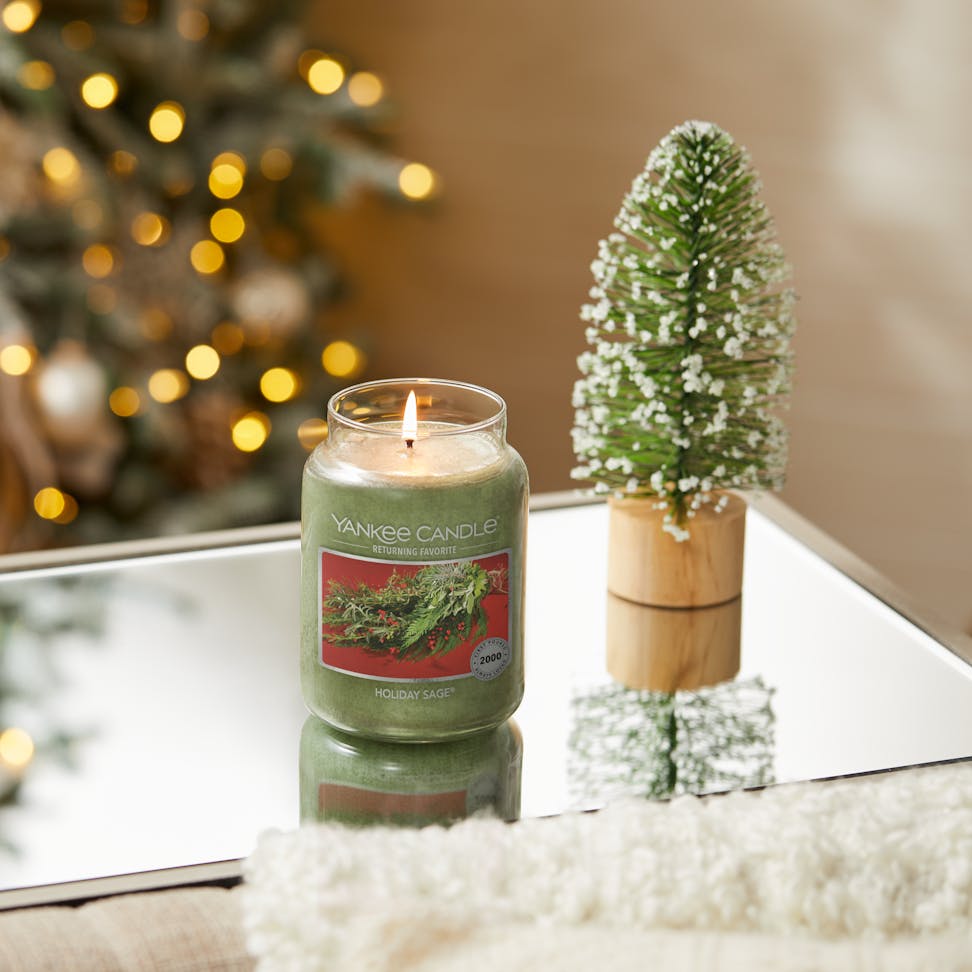 holiday sage original large jar candle on table