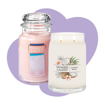 pink sands™ original large jar candle and a coconut beach signature large jar candle in a purple background