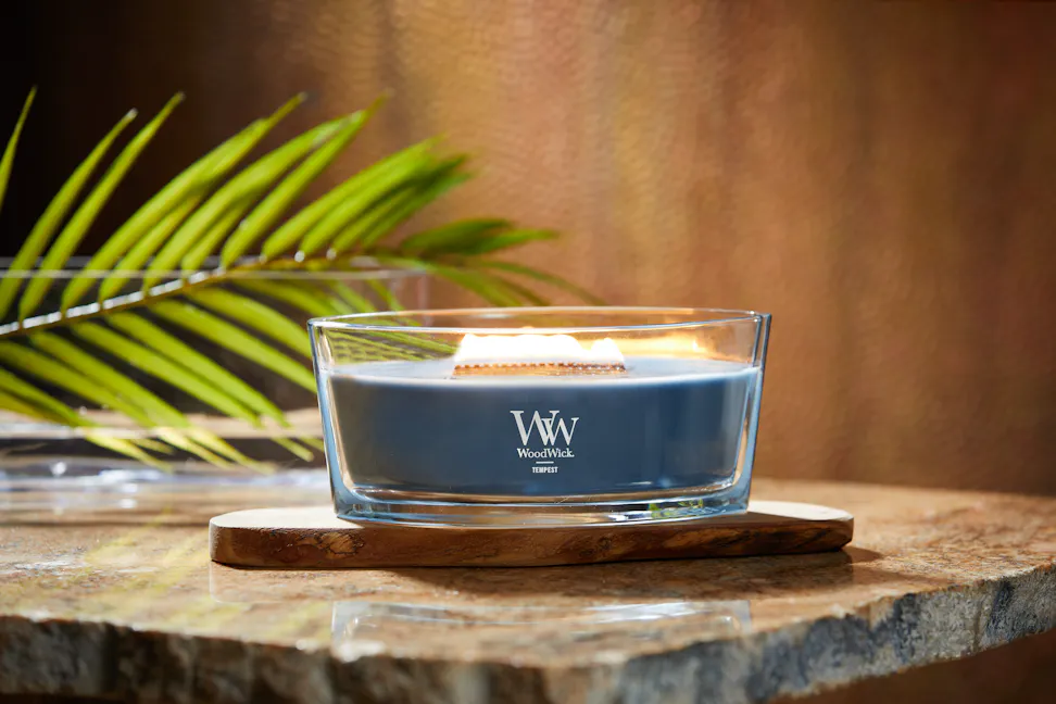 woodwick tempest ellipse candle on wood slab and stone table with leaf frond in glass bowl