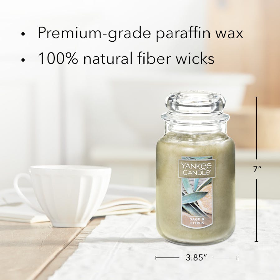 sage and citrus original large jar candle with product information