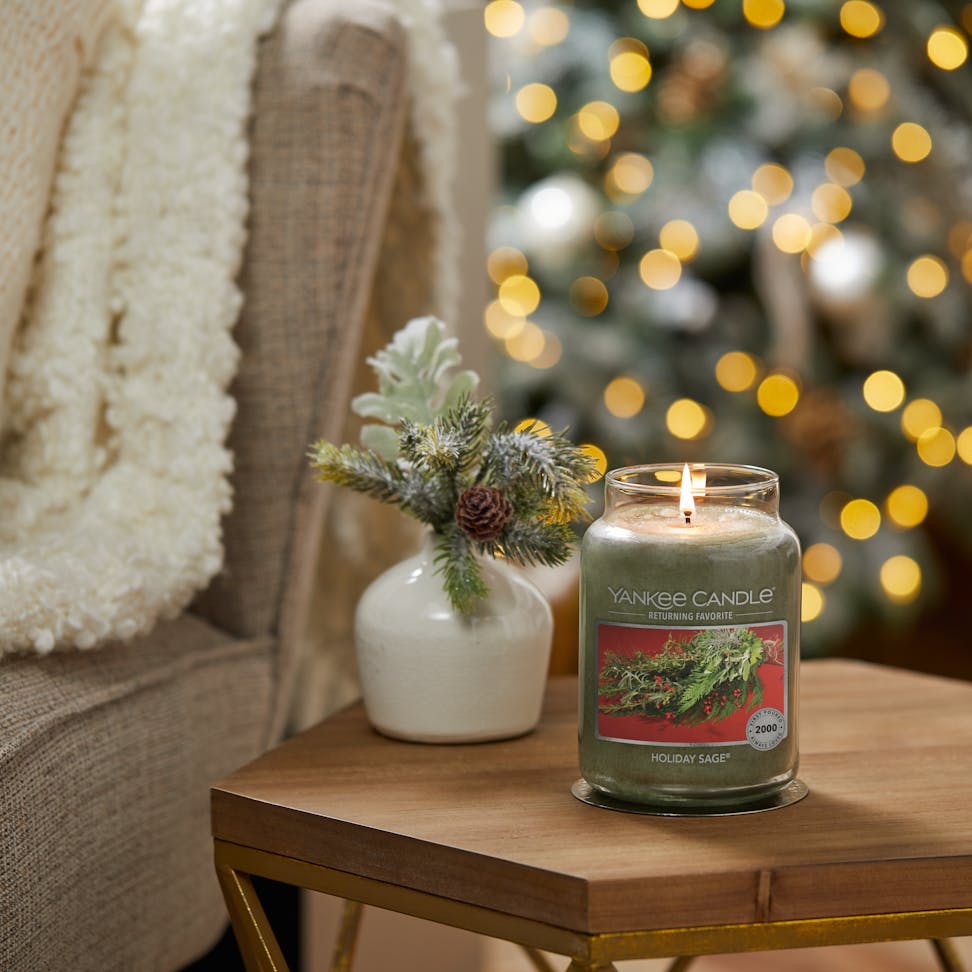 holiday sage original large jar candle on table