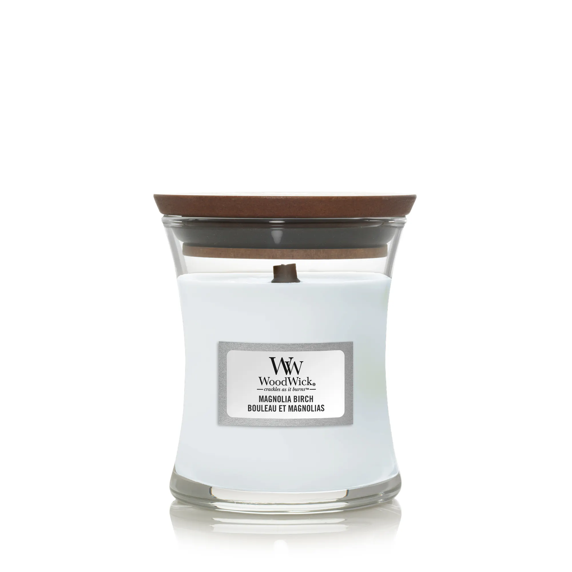 Magnolia Birch Candle Mini Hourglass Candle WoodWick, White, 7cm x 7cm x 8.3cm | Floral