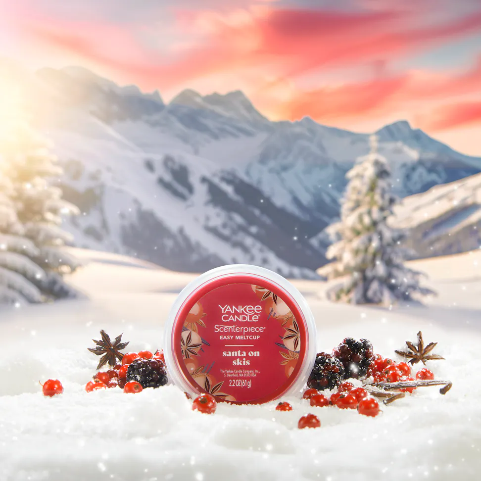 Apres Ski Collection Santa on Skis Scenterpiece Easy MeltCup in snow surrounded by berries and mountains