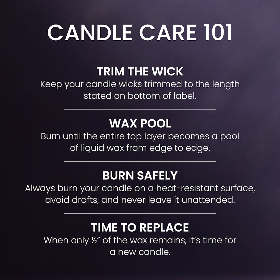 Candle care guide with tips on trimming wicks, wax pool, safe burning, and when to replace for optimal candle use