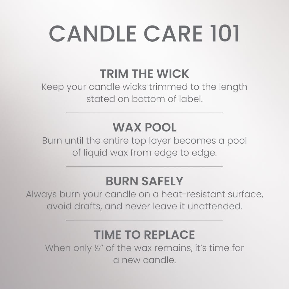 Candle care tips sign with instructions on trimming wicks, wax pool, safe burning, and when to replace candles