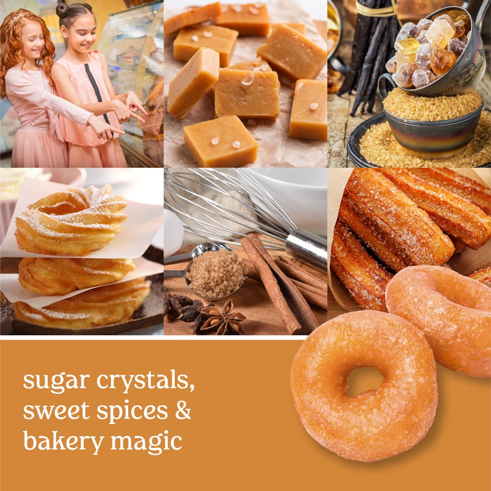 photo collage with baked goods and text that reads sugar crystals, sweet spices and bakery magic