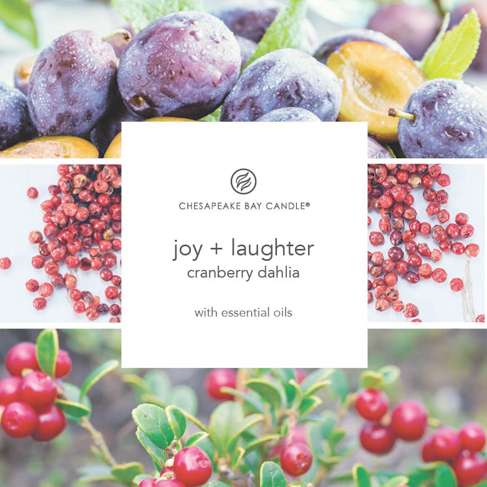 photo collage with text that reads chesapeake bay candle joy and laughter cranberry dahlia with essential oils