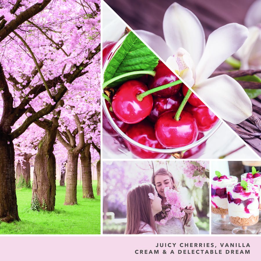 juicy cherries, vanilla cream and a delectable dream text on photo collage with cherry blossom trees, two girls, and parfaits