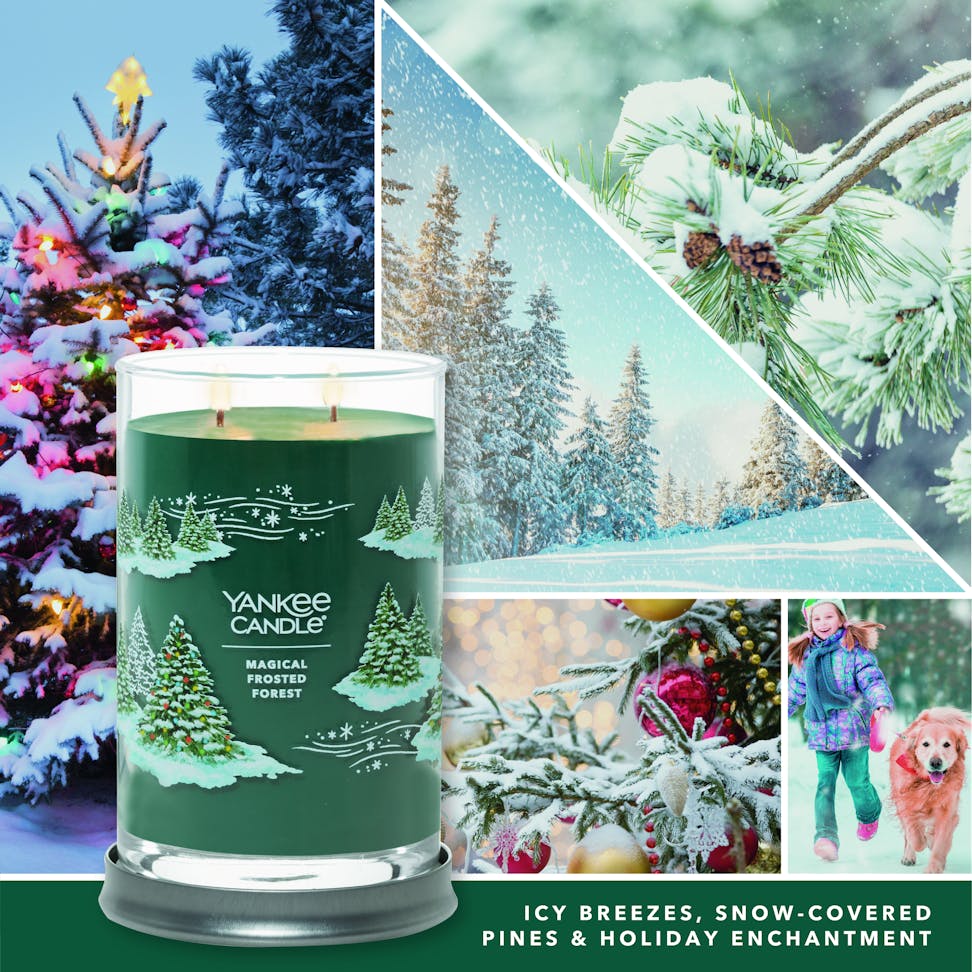 magical frosted forest signature large tumbler candle with photo collage and text reading icy breezes, snow-covered pines and holiday enchantment