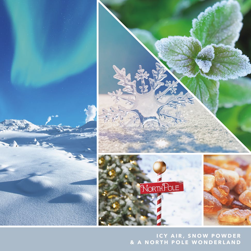 a fragrance in 2D image featuring photos of snow, snowflakes, a north pole sign, and language reading icy air, snow powder, and a north pole wonderland