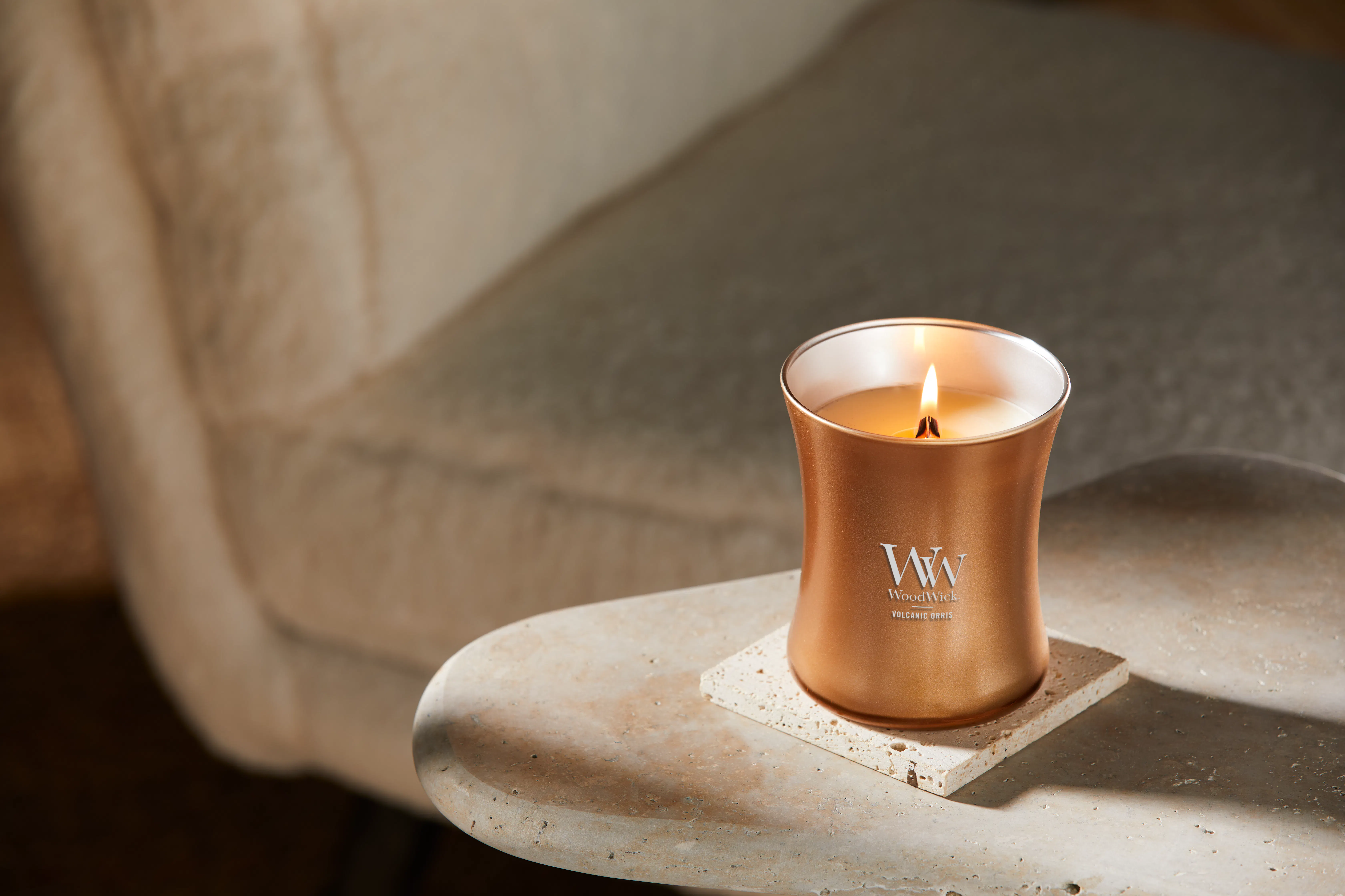 Volcanic Orris WoodWick® Precious Metals Medium Hourglass Candle